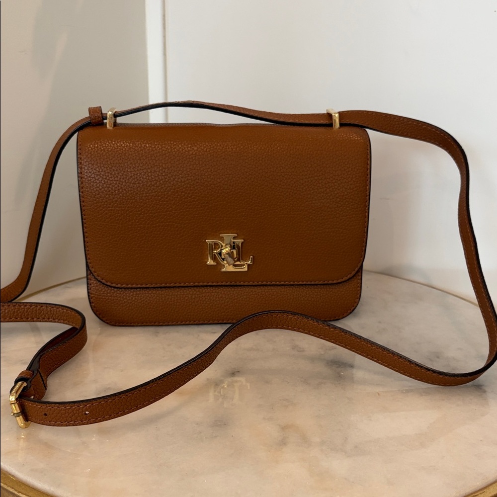 Ralph Lauren Cognac Pebbled Leather Crossbody with Gold RL Logo